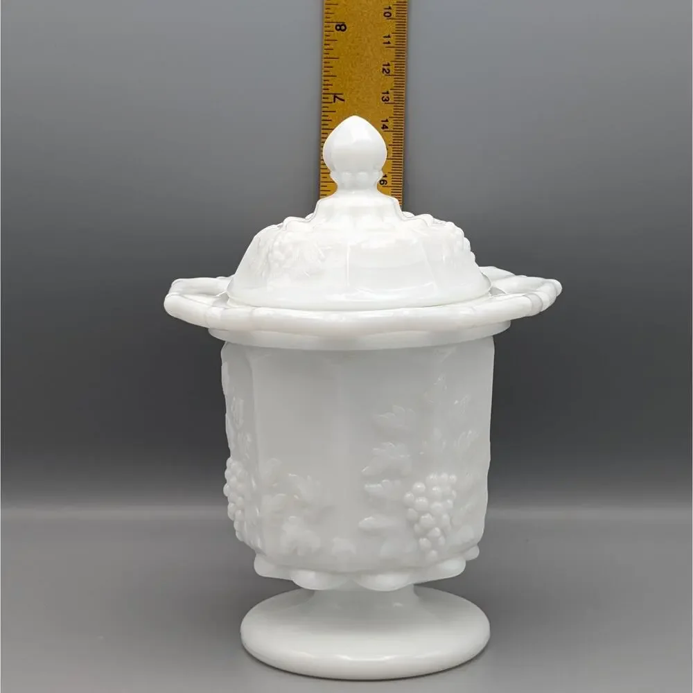 Westmoreland Paneled Grape Milk Glass Lidded Jar Candy Dish Lace Edge